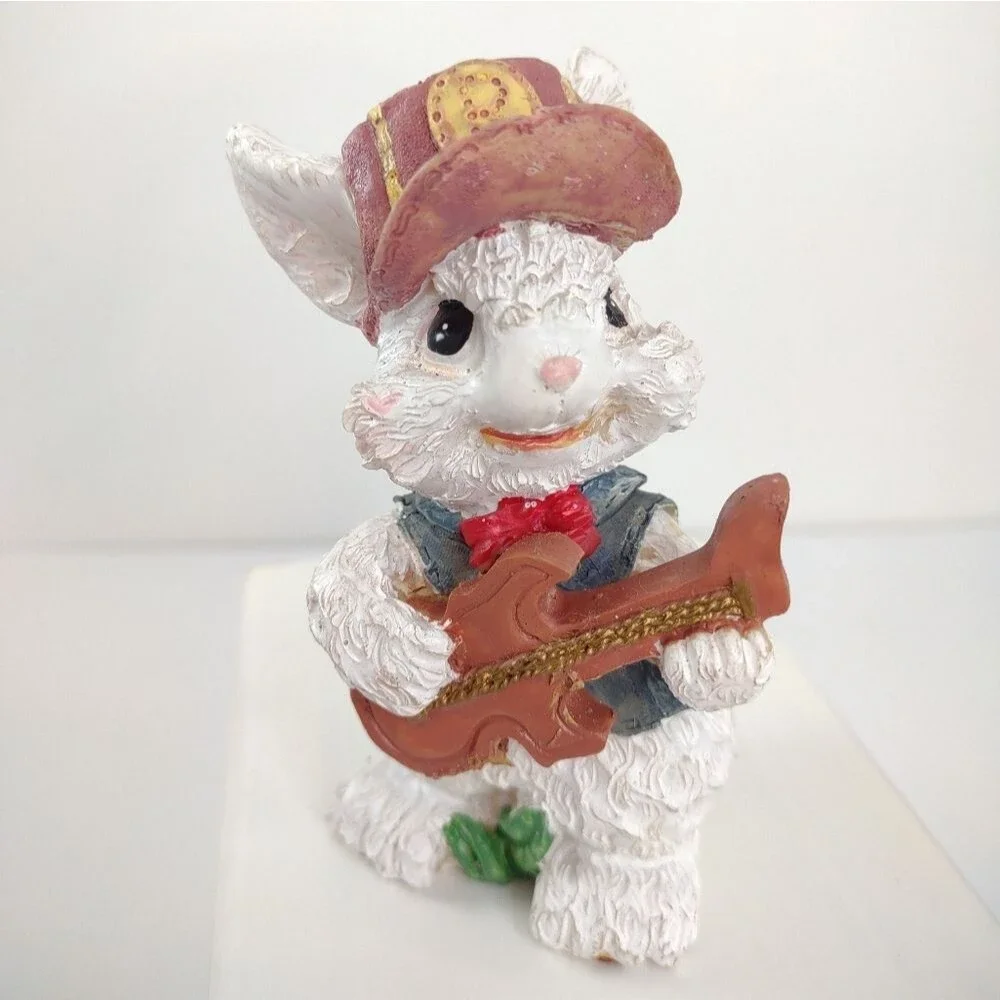 Bunny Figurine Playing Guitar Resin Rabbit